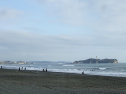 海岸から江ノ島が見えます